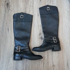 Genuine Leather Size 6 Black Knee High Boots with Silver Buckles